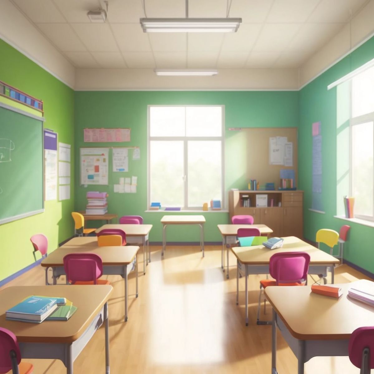 An empty classroom filled with colorful desks, chairs, and educational posters on the walls, ready for the students.