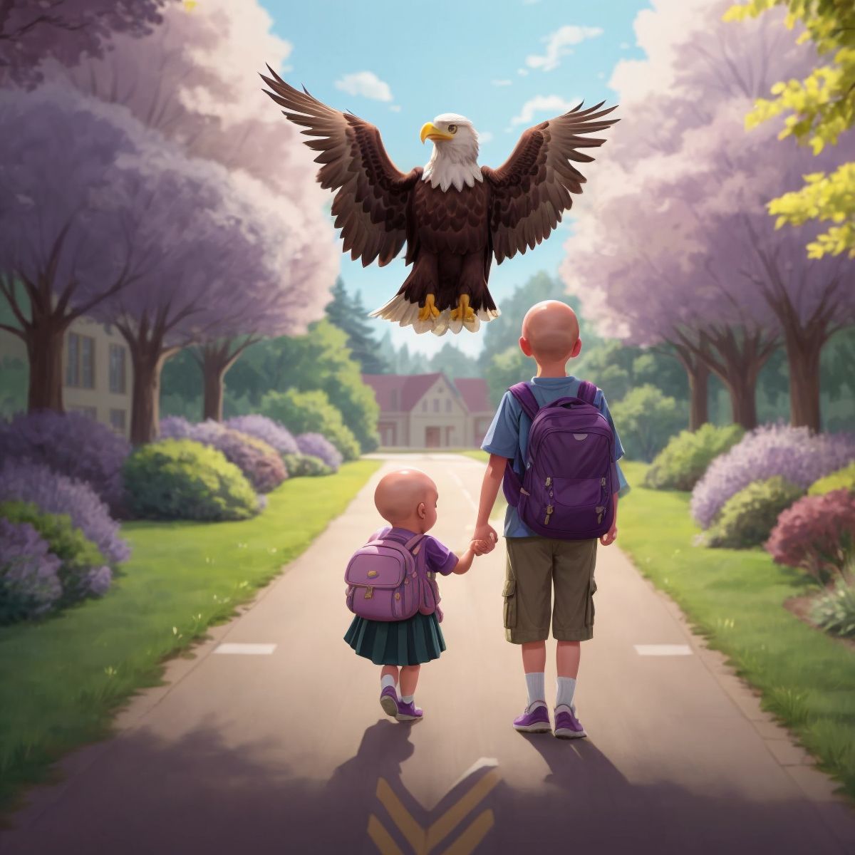 Little Eagle and Little Lion walking home on a path lined with trees, with the school in the background, chatting happily.