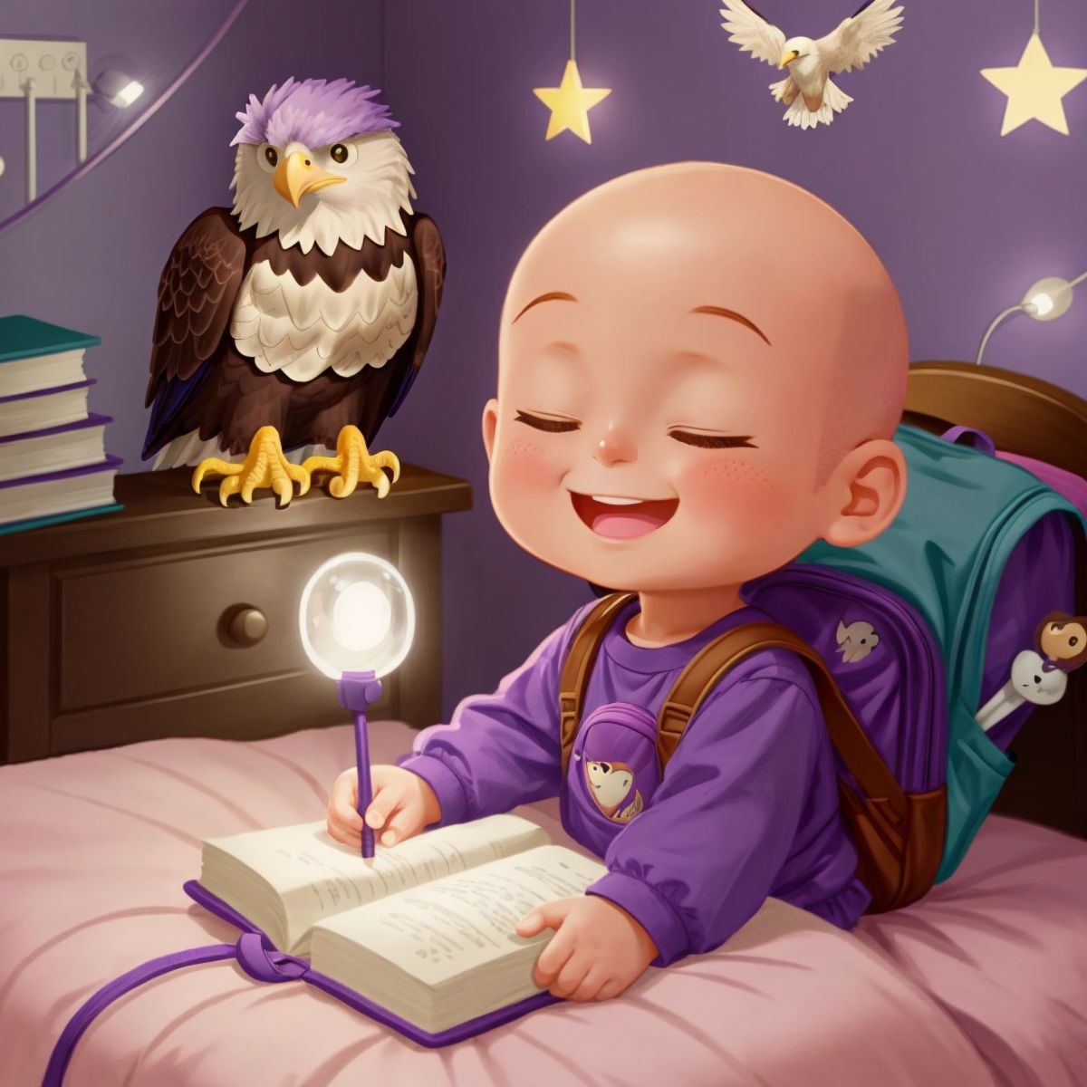 Little Eagle in bed, with a nightlight casting a soft glow, and school-themed wallpaper, smiling with eyes closed.