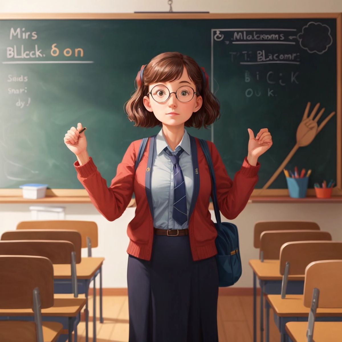 Mrs. Robin, the teacher, standing in front of the classroom with a blackboard behind her, filled with the day's lessons.