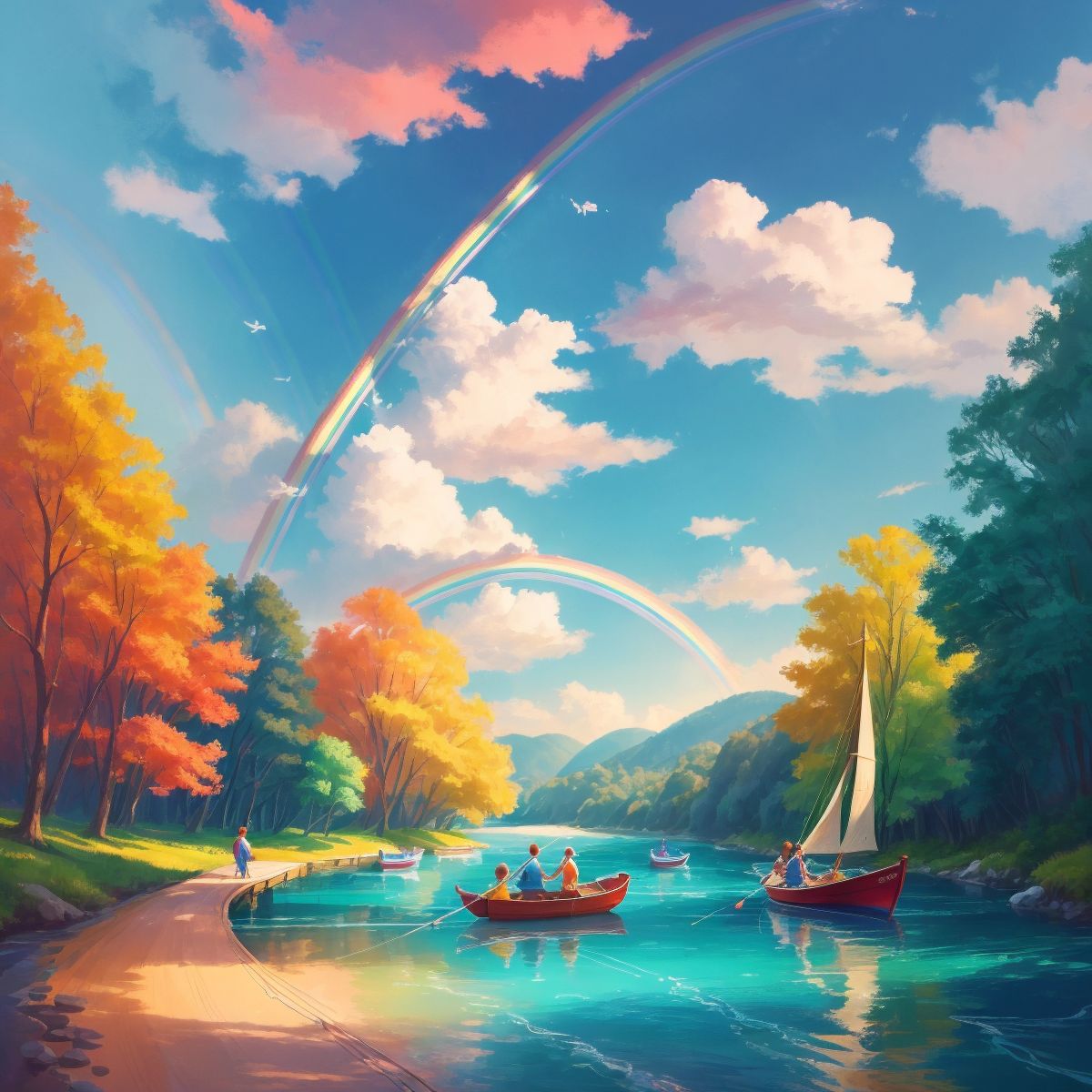 The friends sailing on a rainbow river with a boat reflecting the vibrant colors.