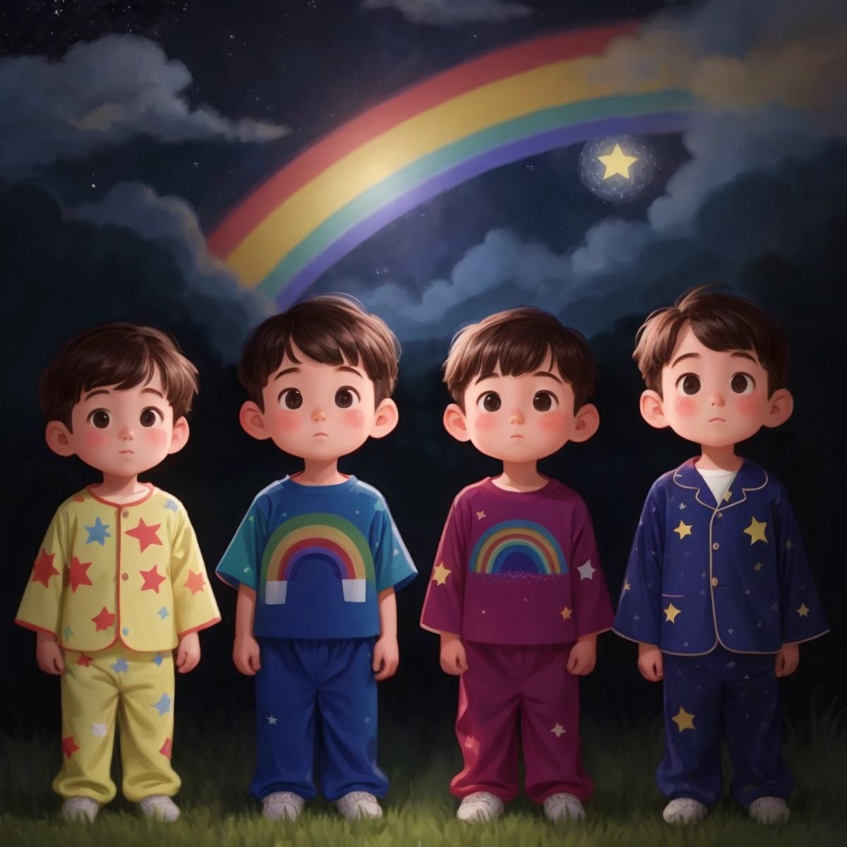 Children everywhere wearing rainbow pajamas, with a background of a starry night sky.