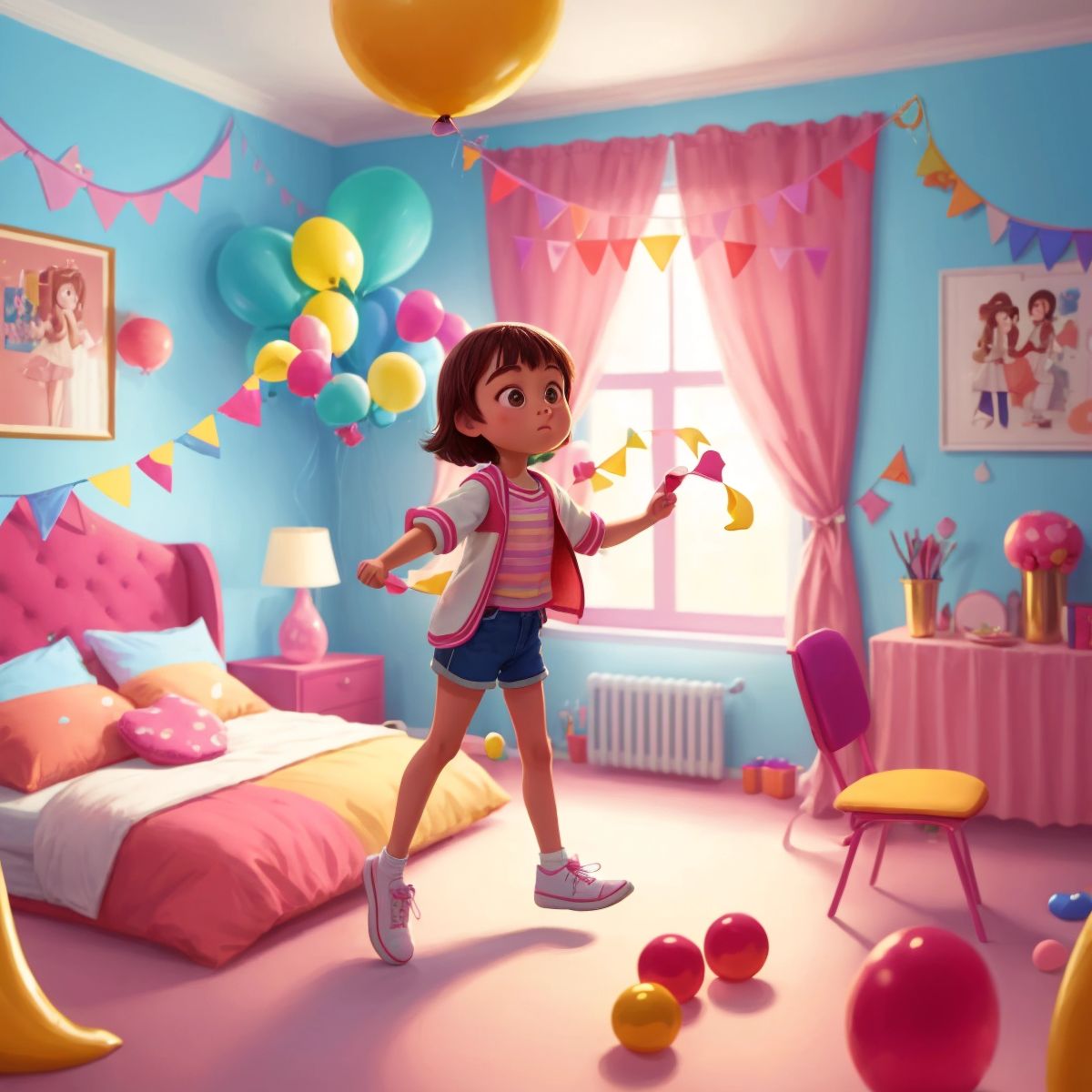 Coco skipping around her room with party decorations in the background.