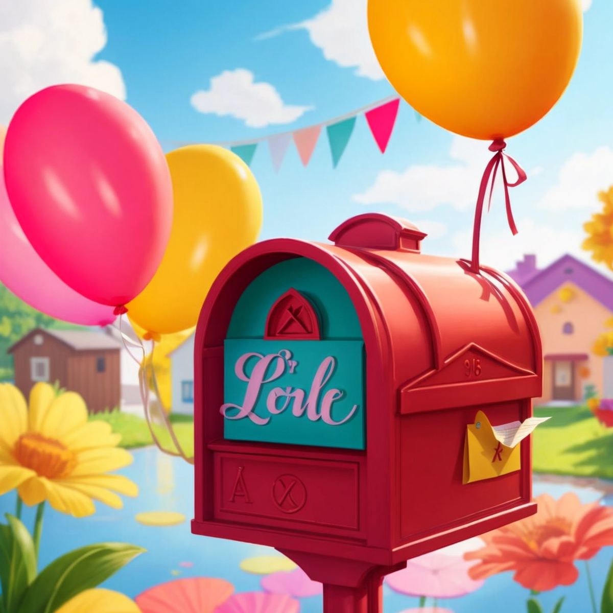 A colorful invitation floating towards a mailbox with Erin's name on it.