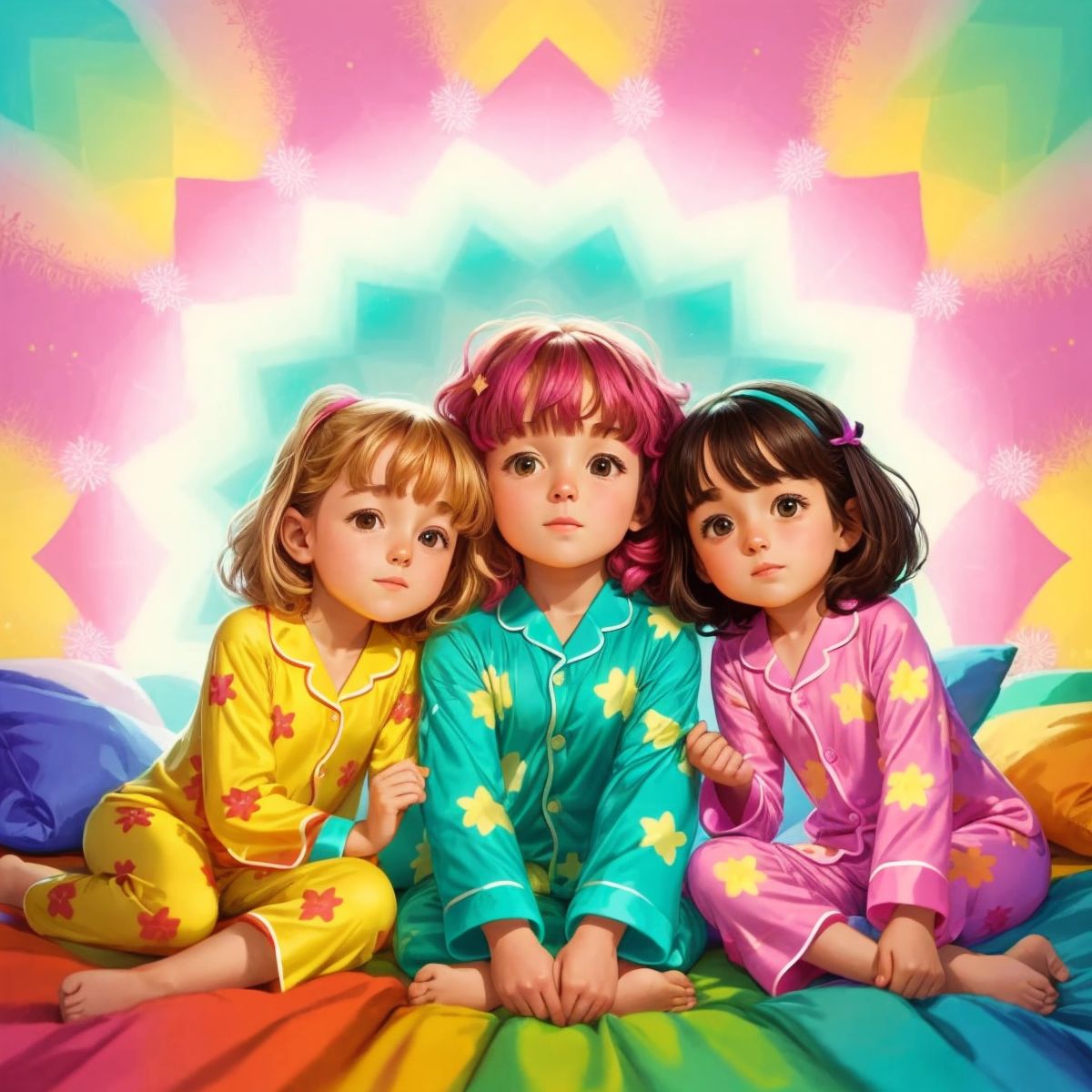 The trio in their glowing pajamas, surrounded by a kaleidoscope of colors at a sleepover.