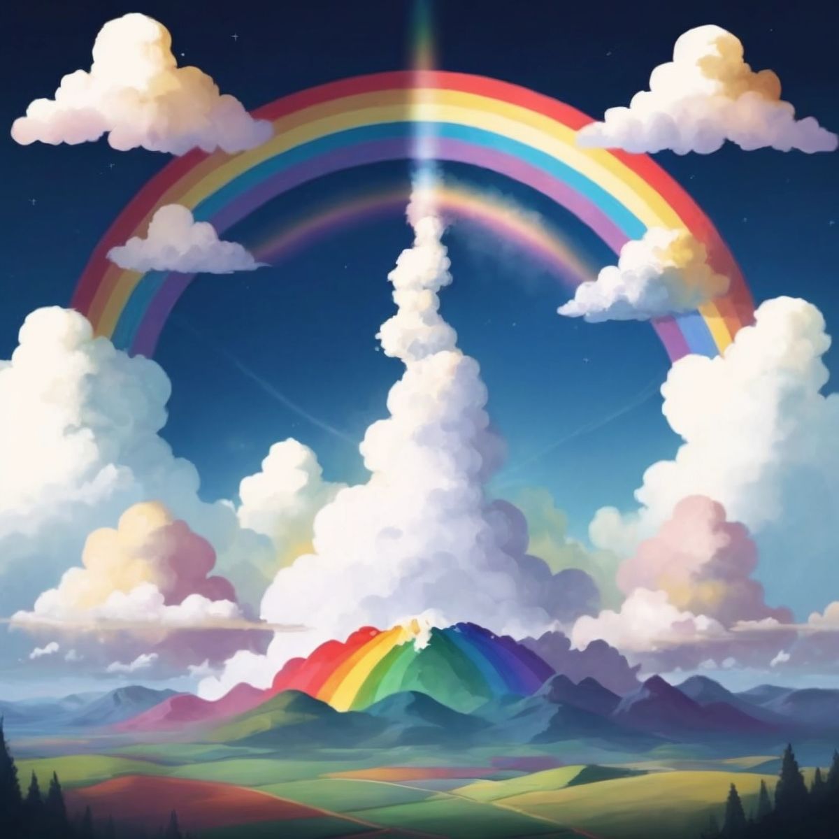 The wise old rainbow in the sky, with its words forming clouds around it.