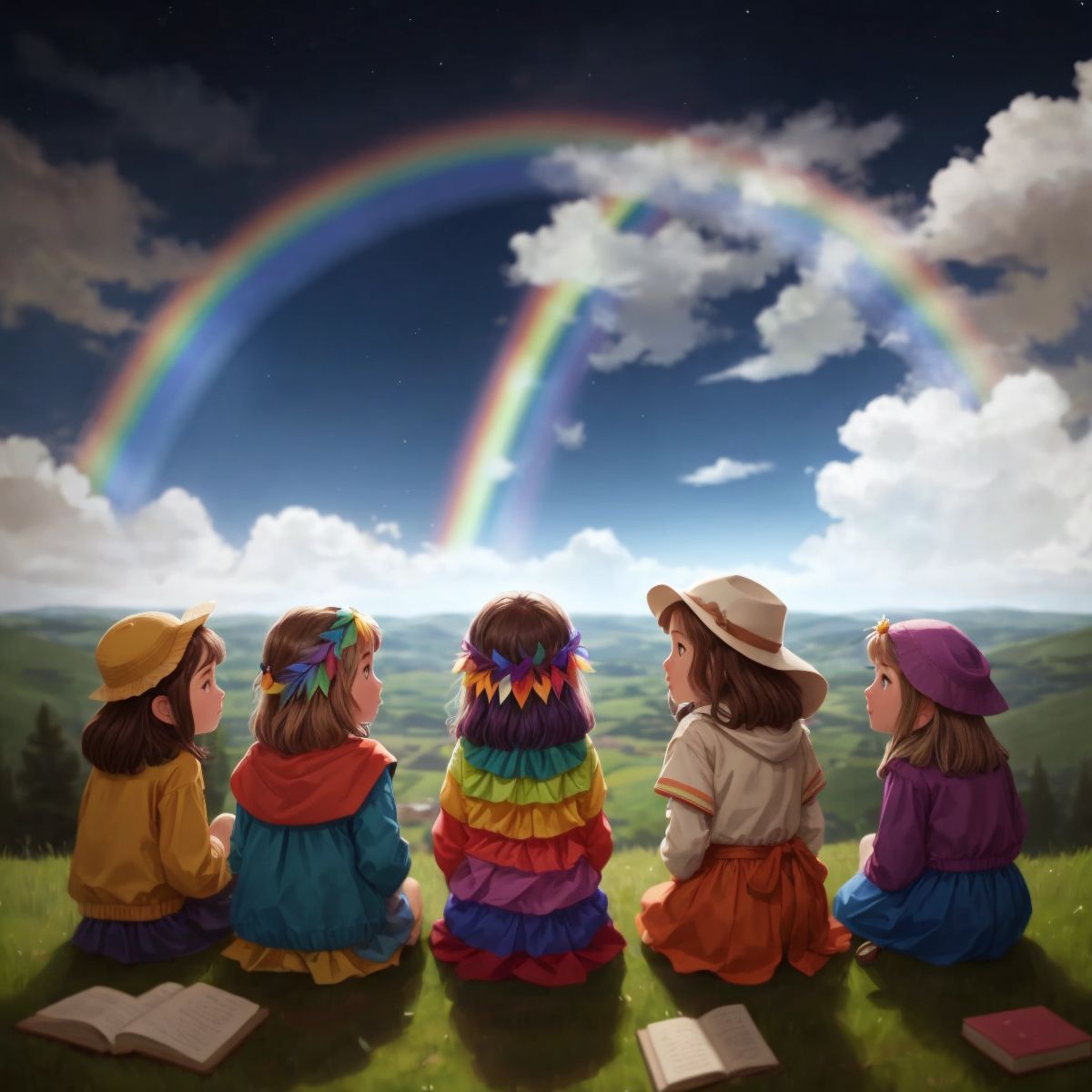 A wise old rainbow in the sky sharing secrets with the listening girls below.