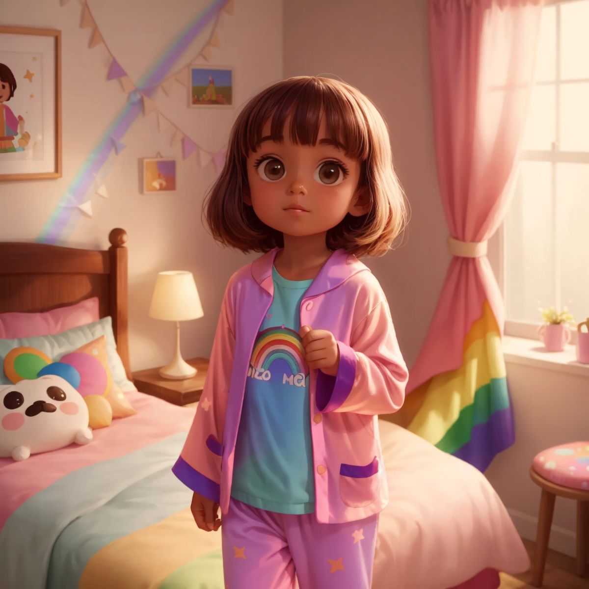 Coco in her shimmering rainbow pajamas, with a background of her cozy room.