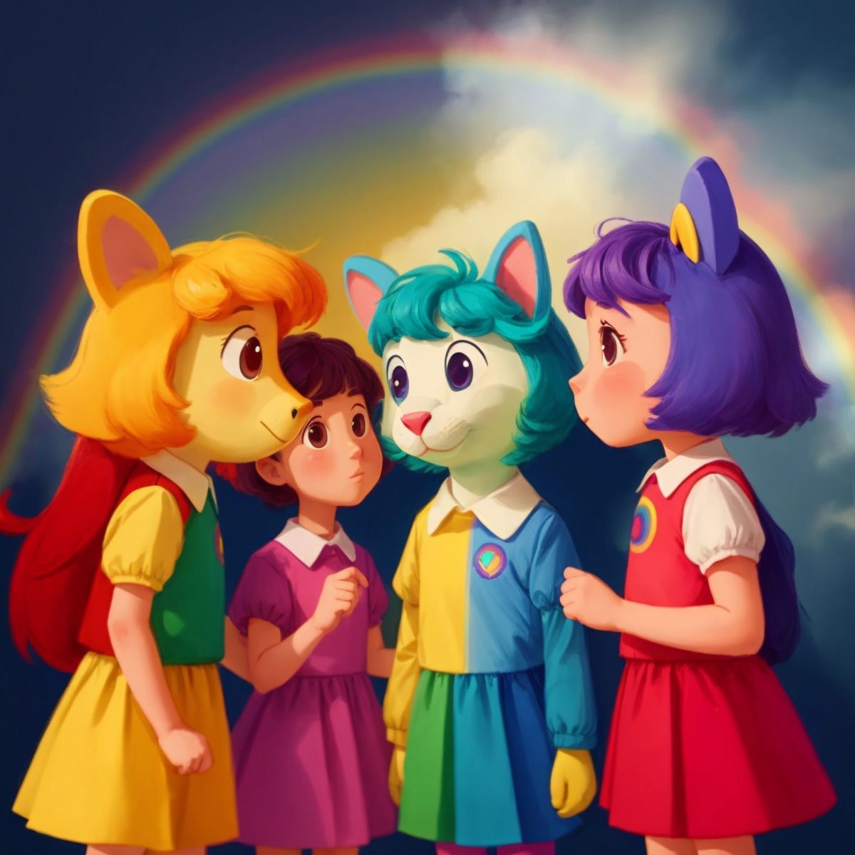 A talking animal dressed in rainbow colors conversing with the girls.