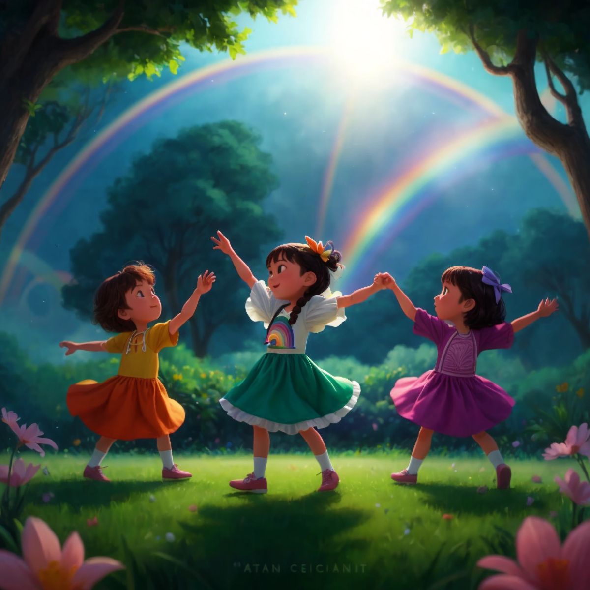 Coco, Erin, and Eden dancing together in the magical land, with a background of rainbow hues.