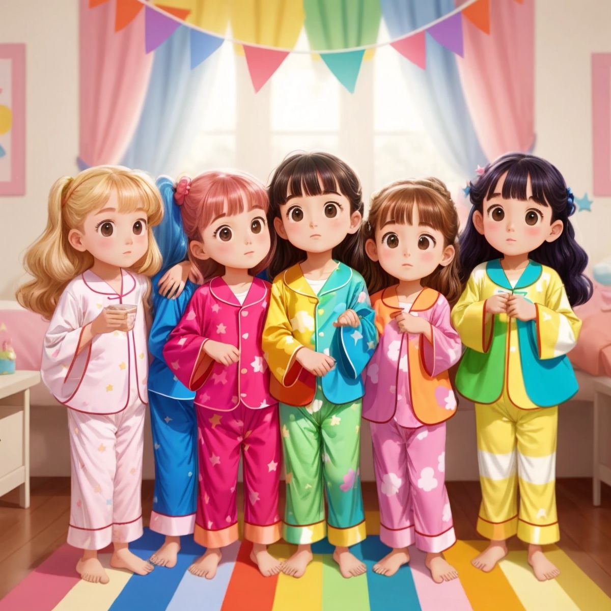 A grand pajama party scene with the girls' rainbow pajamas standing out in the crowd.