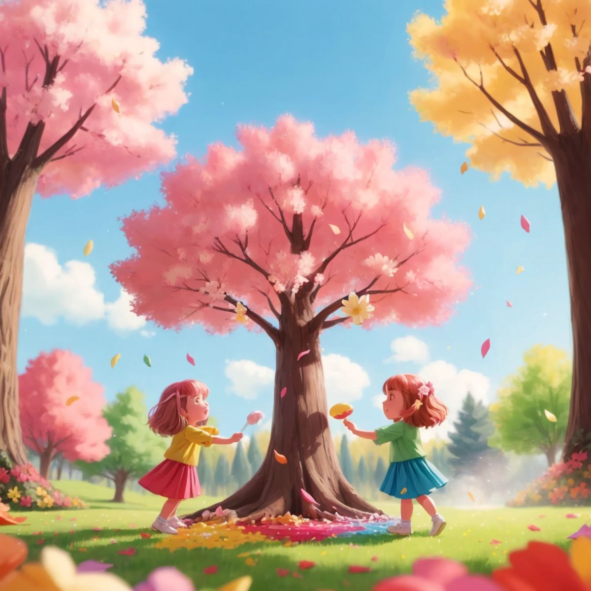 Candy-colored trees showering colorful petals on the girls as they play.