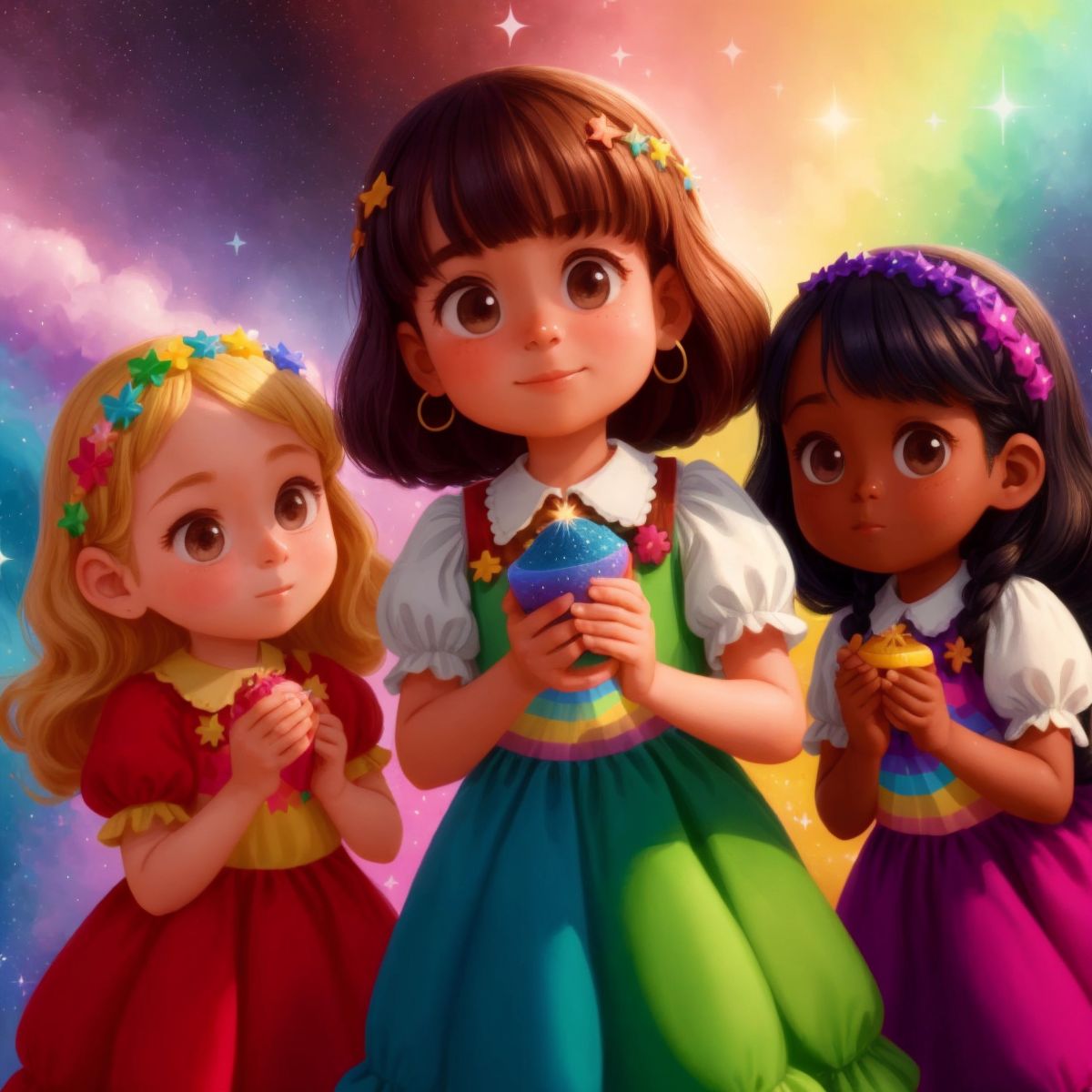 Coco, Erin, and Eden (all girls are looking bright color) being sprinkled with magical stardust by the rainbow.
