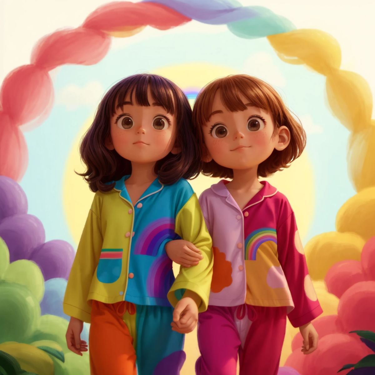 Coco and Erin are bright color girl in their rainbow pajamas, surrounded by a swirl of colors as they enter the magical world.