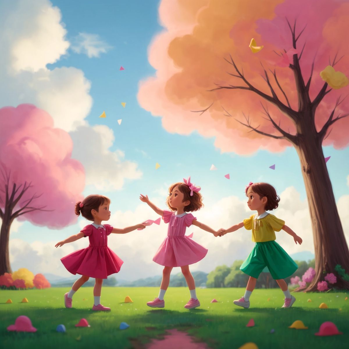 Eden dancing with Coco and Erin under candy-colored trees and playful clouds.