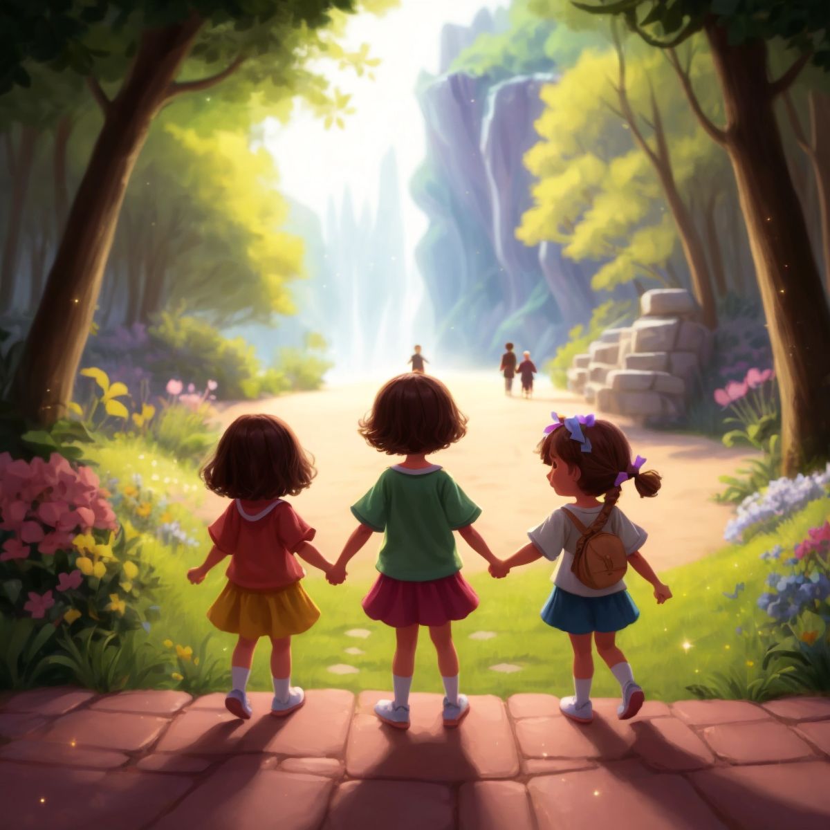 Coco, Erin, and Eden holding hands, with a sparkle of magic dust around them, ready to share their joy.