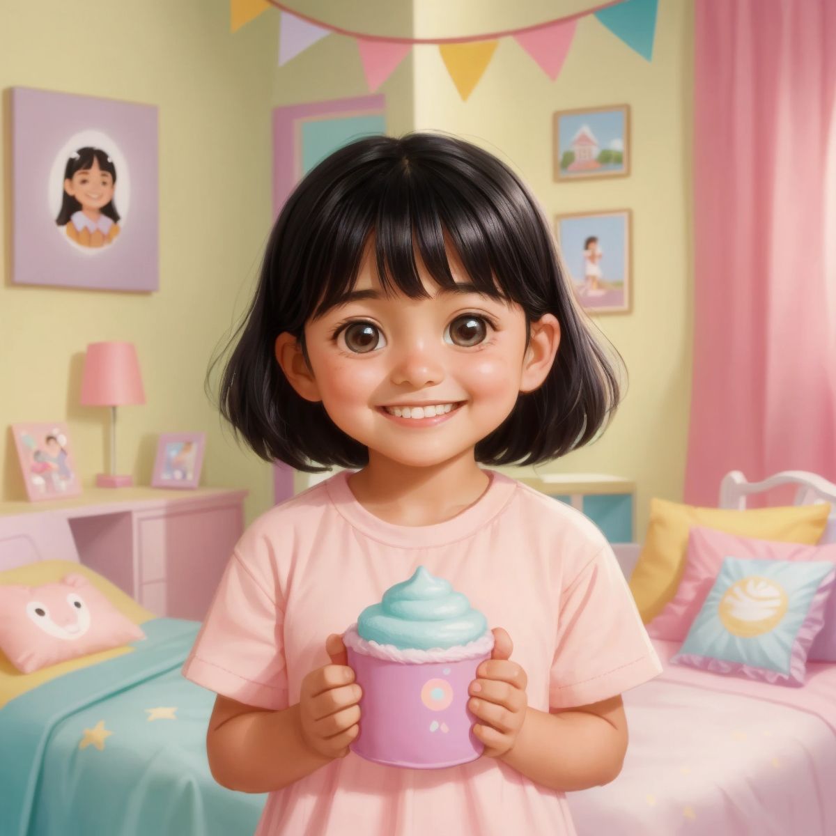 A joyful Sabrina with a big smile, surrounded by a warm glow and soft pastel colors in her cozy room.