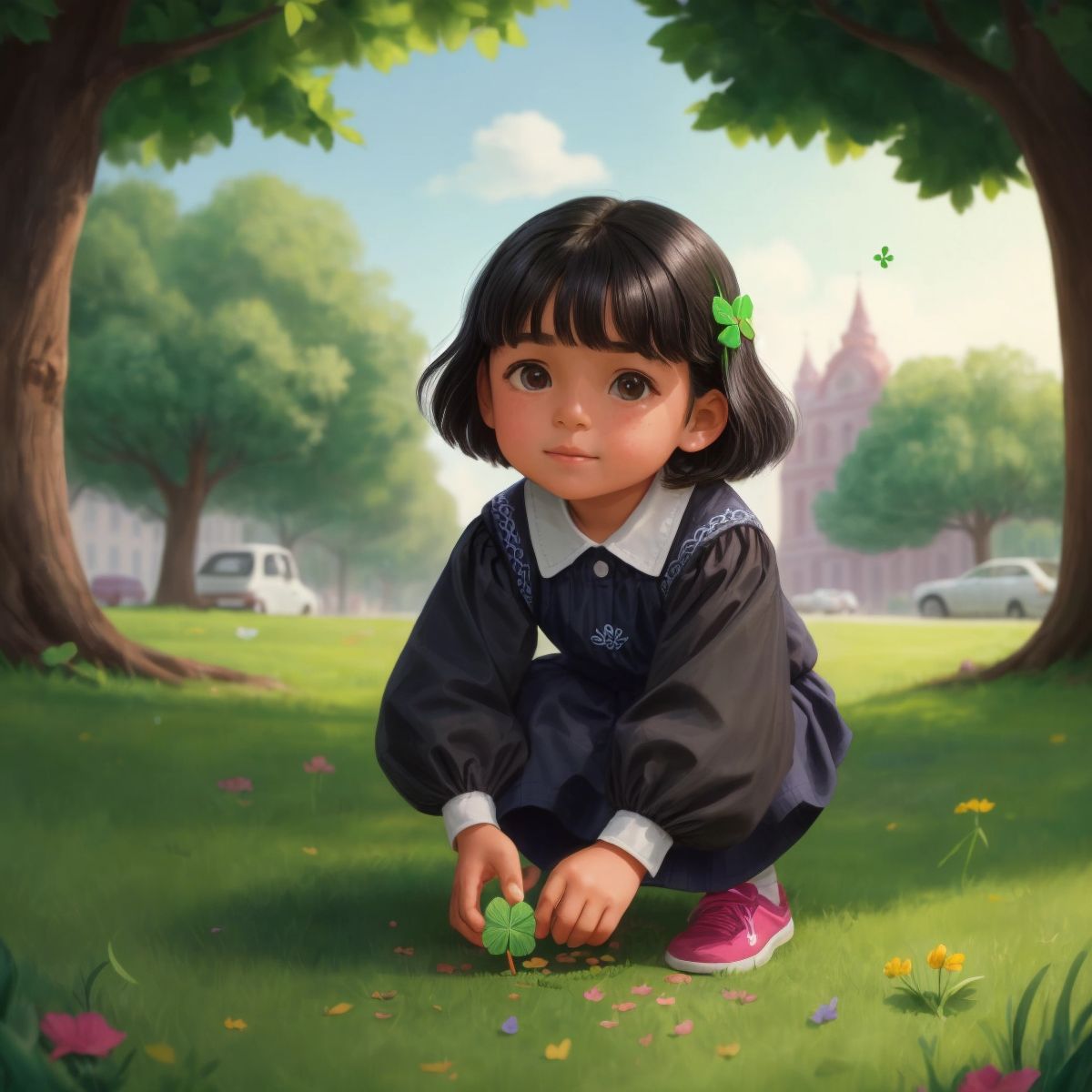 Sabrina in the park, bending down to pick up a shiny coin with a four-leaf clover on it, excitement in her eyes.