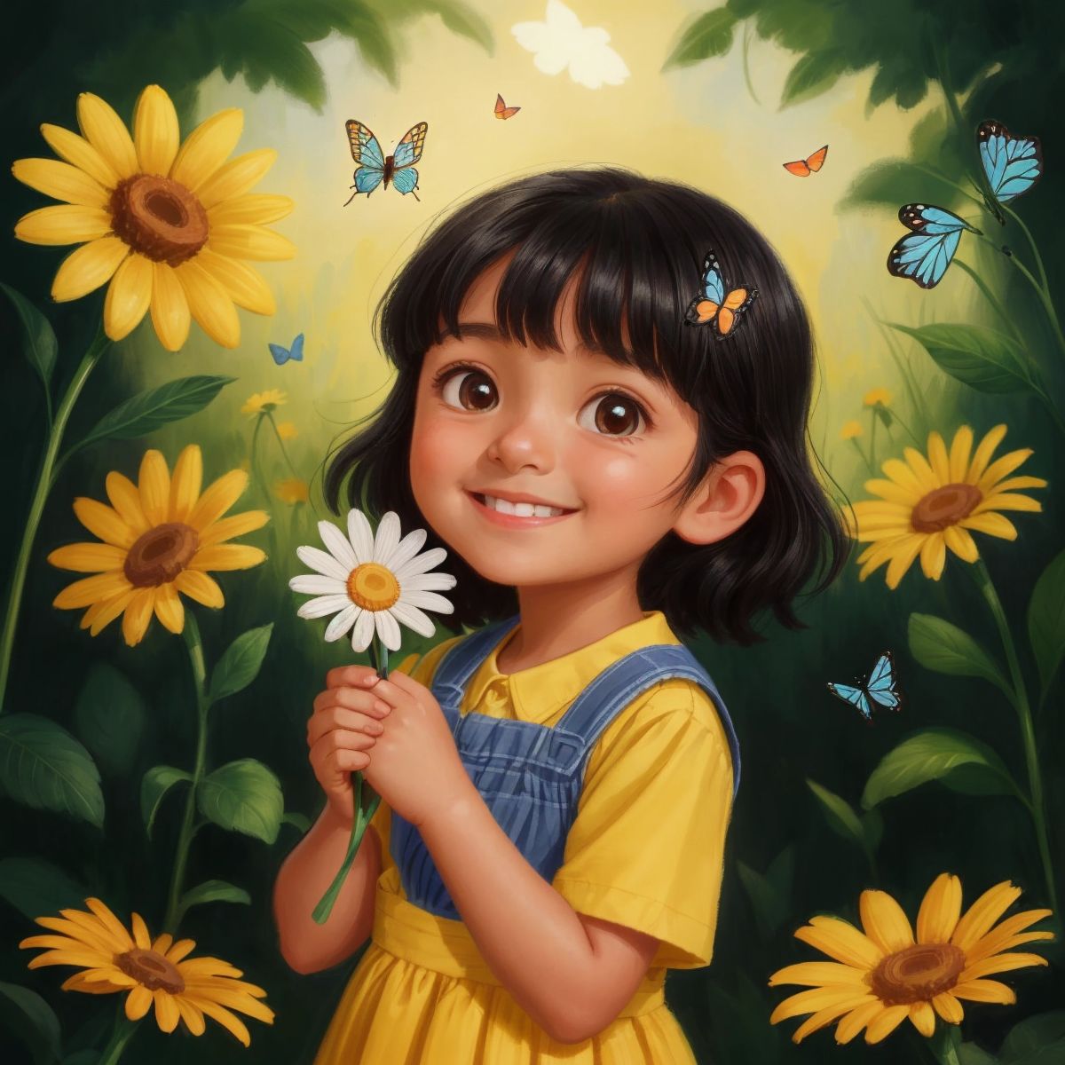 An older Sabrina with a heartwarming smile, holding a simple daisy, with light and butterflies around her, symbolizing her positive influence.