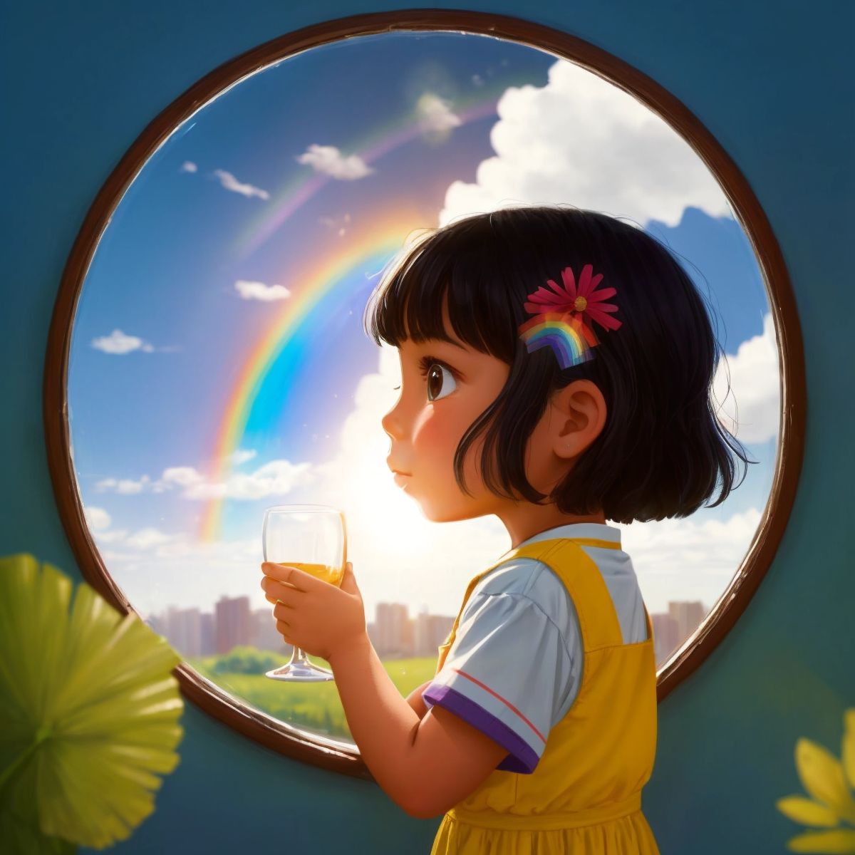 Sabrina looking at a glass half full with bright sunlight and a rainbow in the background, symbolizing her optimism.