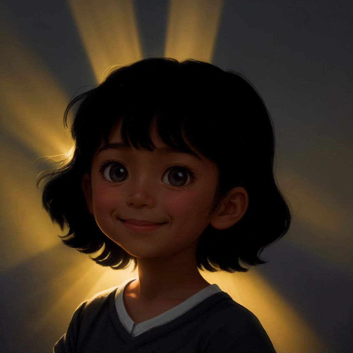 A silhouette of Sabrina with rays of light emanating from her, touching the people around and transforming frowns into smiles.