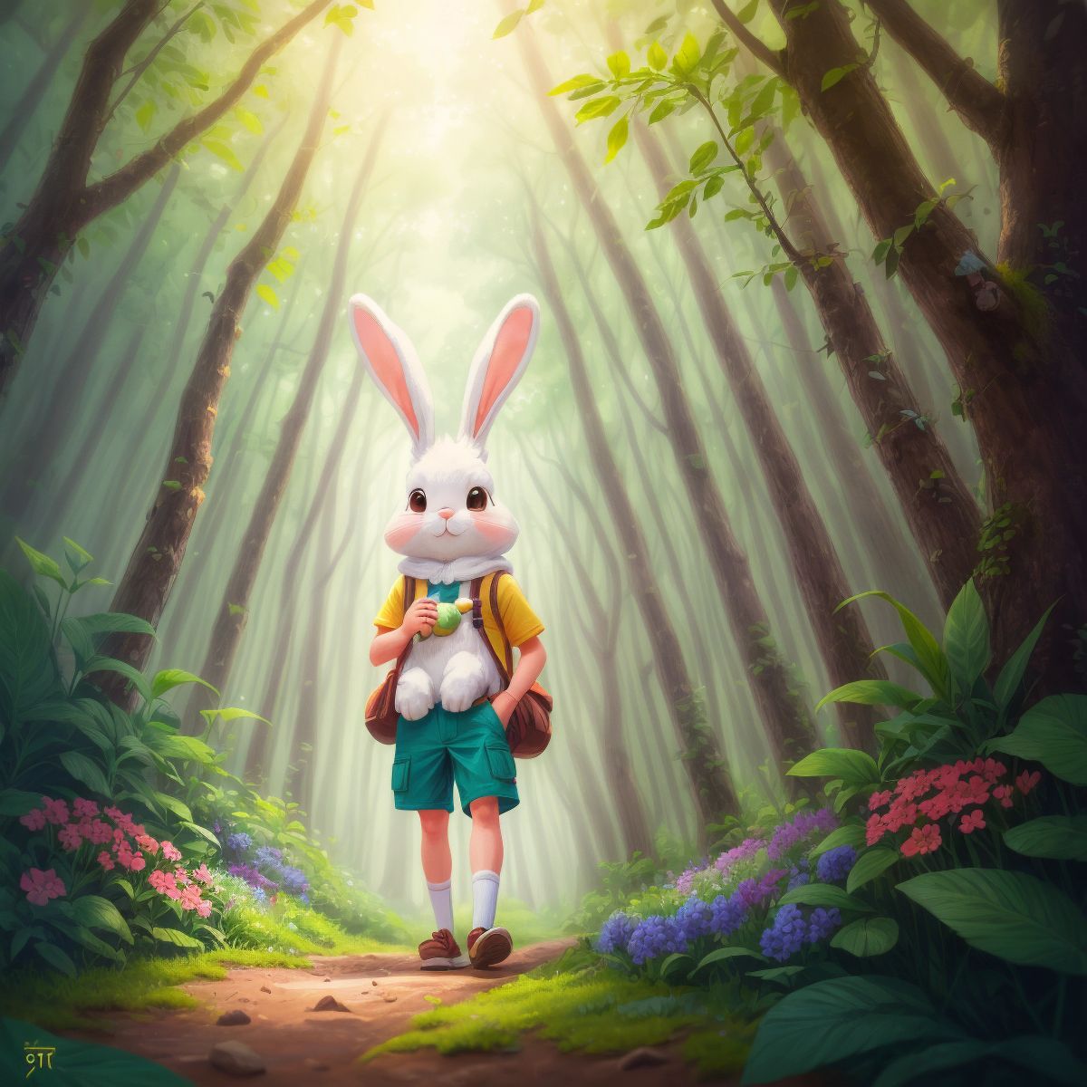 Benny, the curious bunny, is shown in a lush forest filled with colorful flowers and tall trees.
