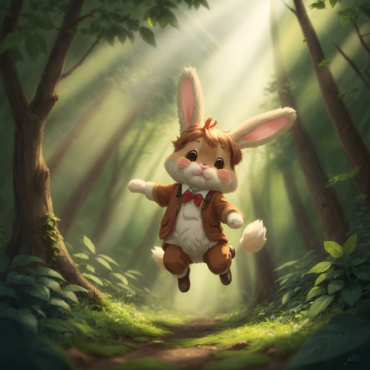 Benny is depicted hopping joyfully in a sunny forest clearing with light filtering through the leaves.