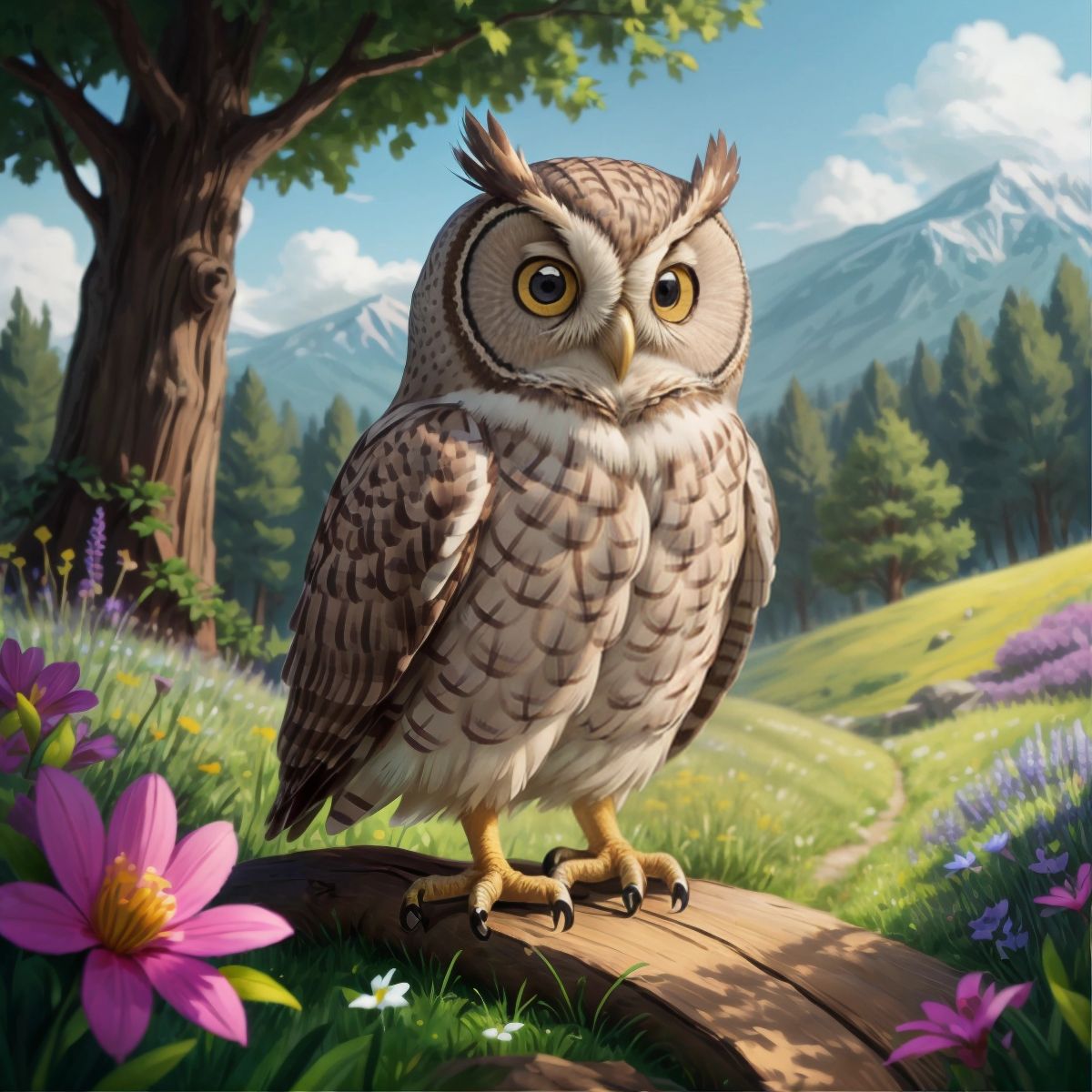 A close-up of Oliver with a knowing smile, the background hints at a mysterious path leading into a vibrant meadow.