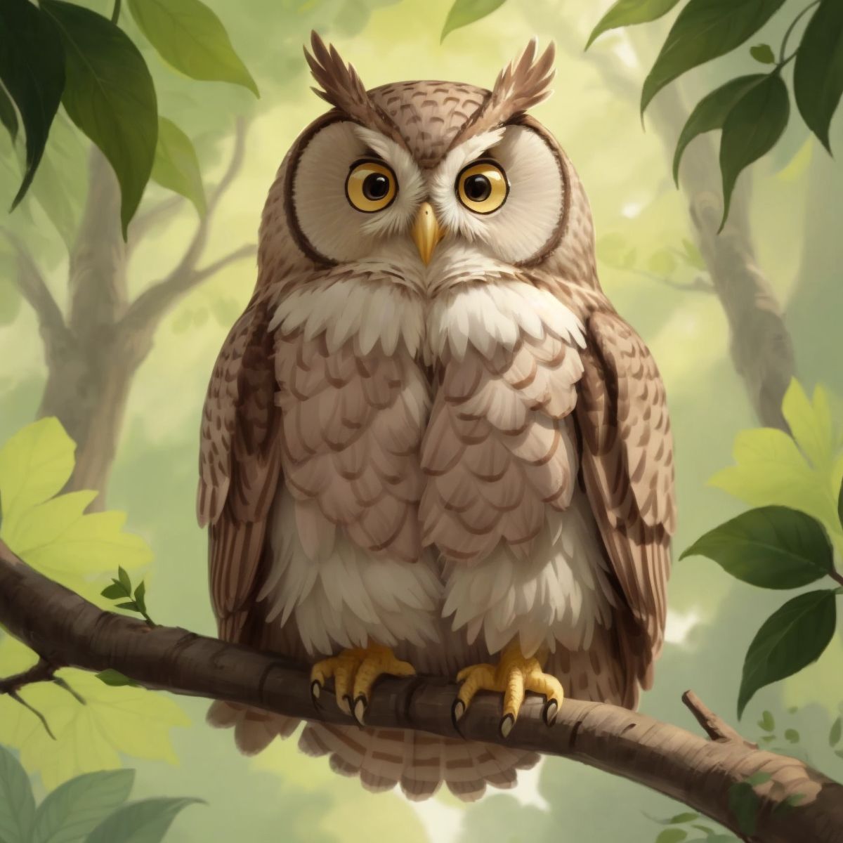 Oliver, the wise owl, is perched on a sturdy branch with a friendly expression, looking down at an unseen Benny.