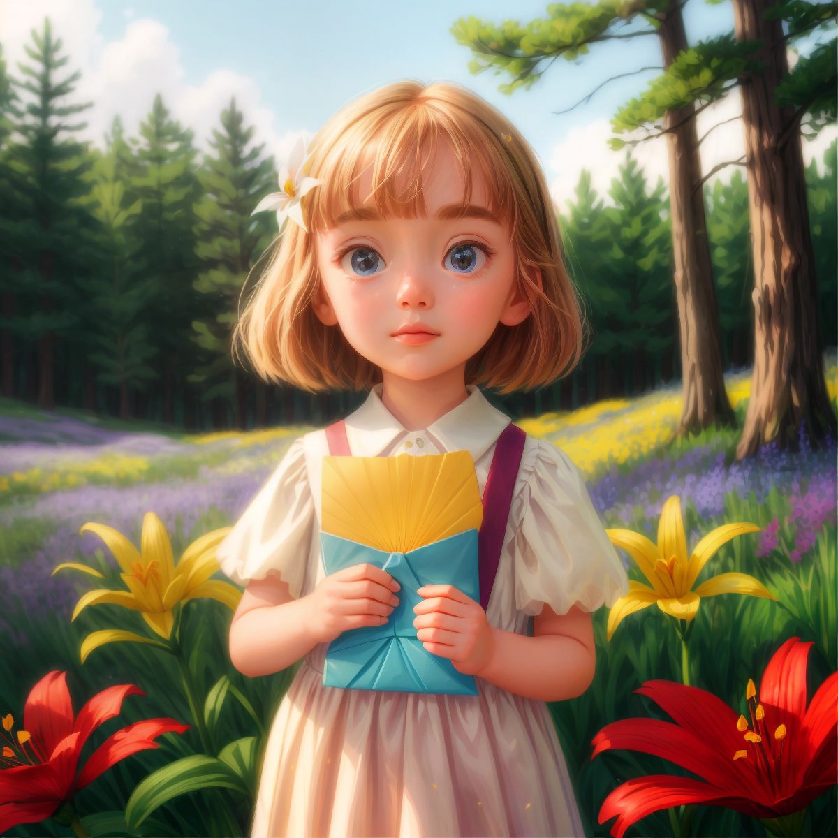 Lily with a curious glint in her eye, holding a glimmering envelope among wildflowers with Whispering Pines in the background.