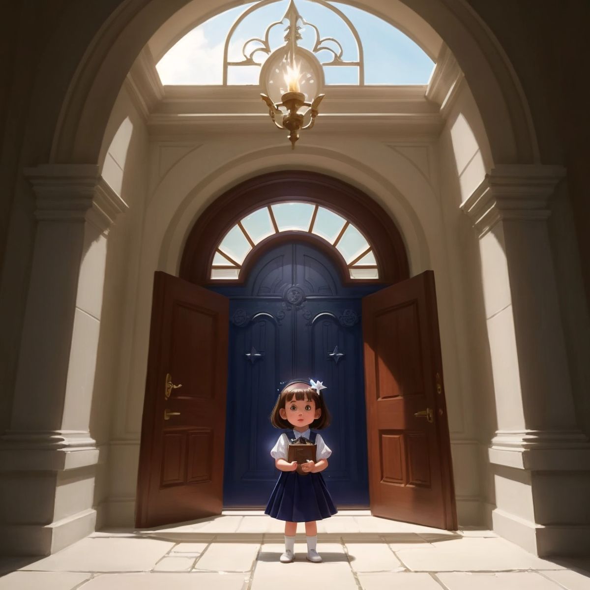 The grand doors of the academy with Lily standing in front, her eyes sparkling with delight as she gazes at the wonders inside.