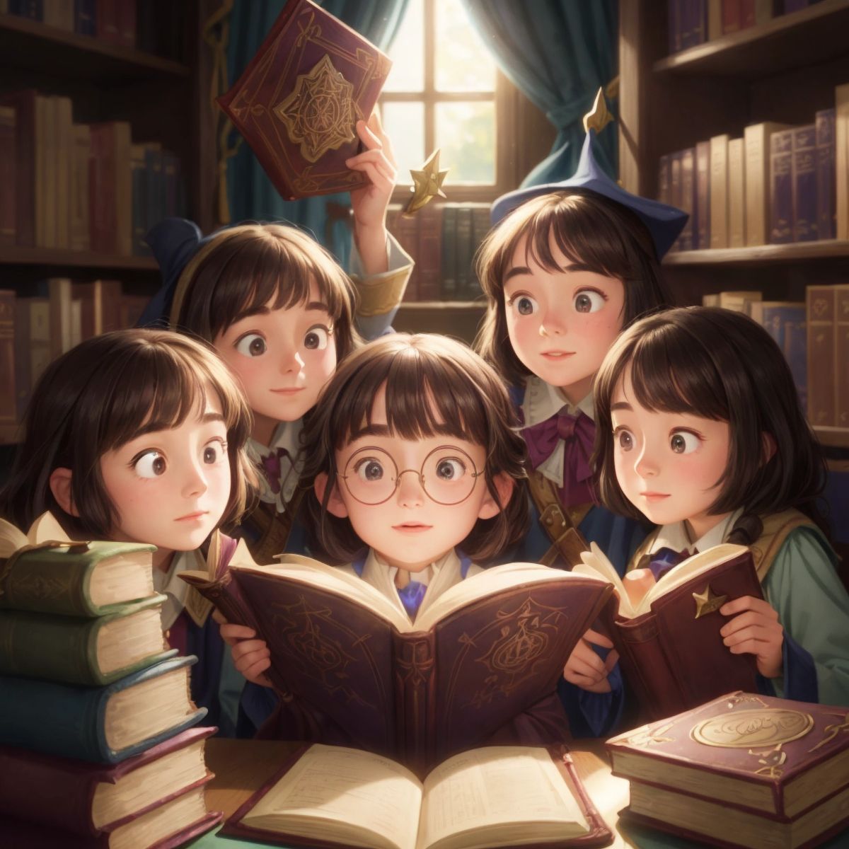 A group of Lily's friends huddled around a magical tome in the academy's library, with Lily's face peeking out excitedly.