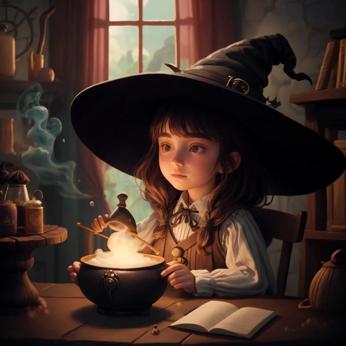 Lily wearing a witch's hat, with a cauldron bubbling in front of her in a magical classroom setting.