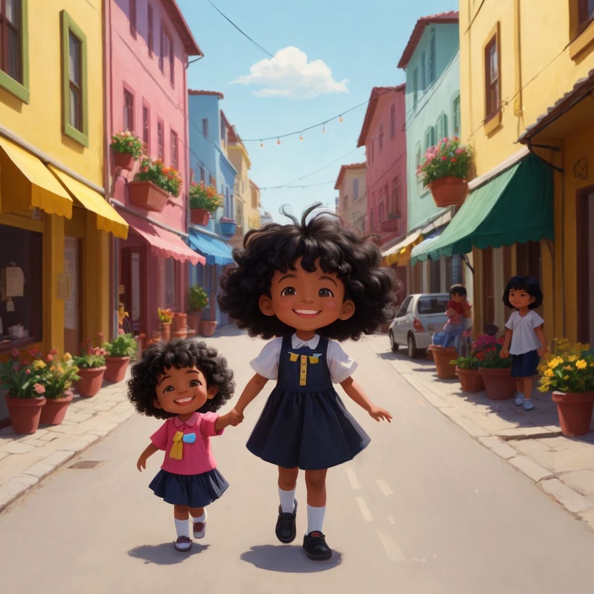 رهف smiling brightly, walking hand in hand with her sibling علي on a sunny street with small shops and colorful buildings in the background