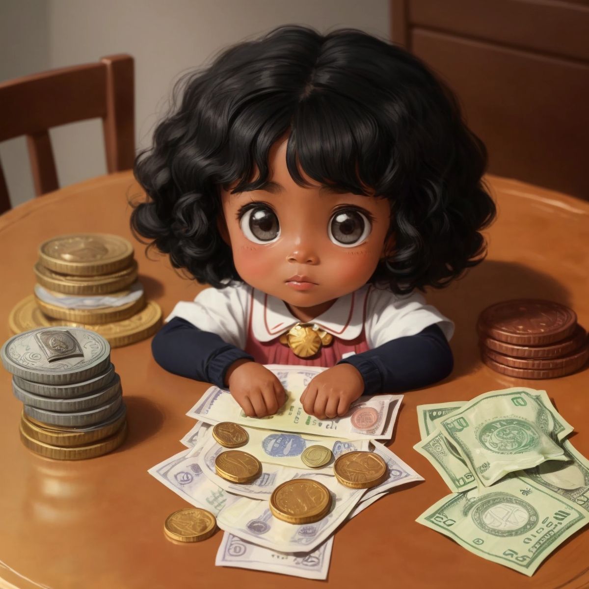 A small pile of coins and banknotes on a table, symbolizing the money collected by رهف and علي, with رهف looking proud and thoughtful