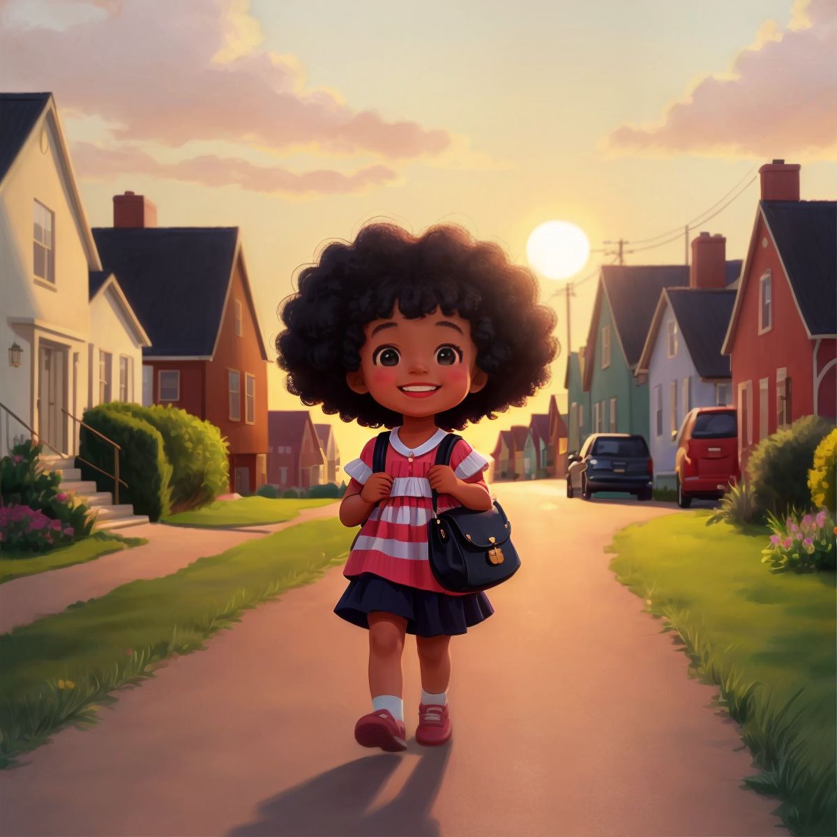 رهف walking back home, carrying a small bag and smiling contentedly, with the sunset casting a warm glow on the houses of the small town