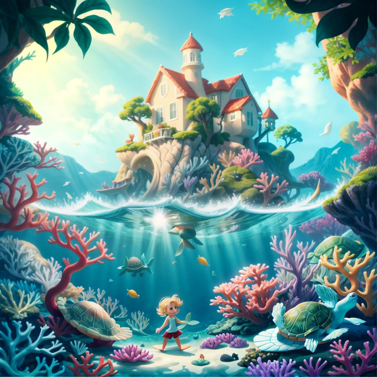 The Coral Cove in all its glory, with vibrant colors and magical light, but without Finn or Tully present.