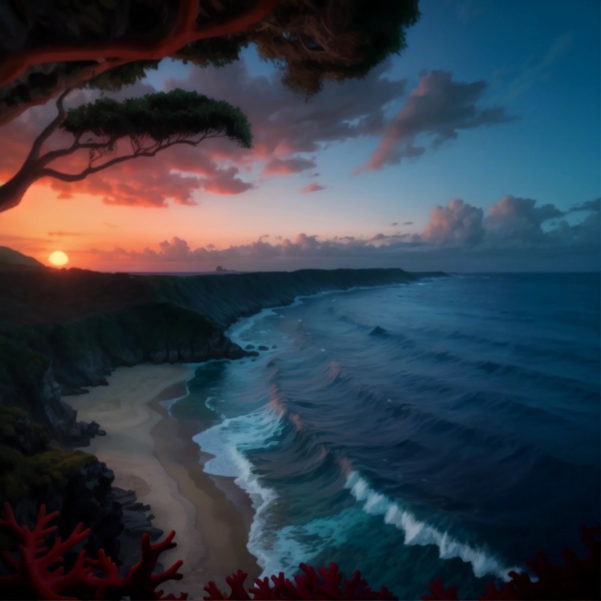 The darkening ocean as the day ends, with the Coral Cove in the distance, no characters shown.