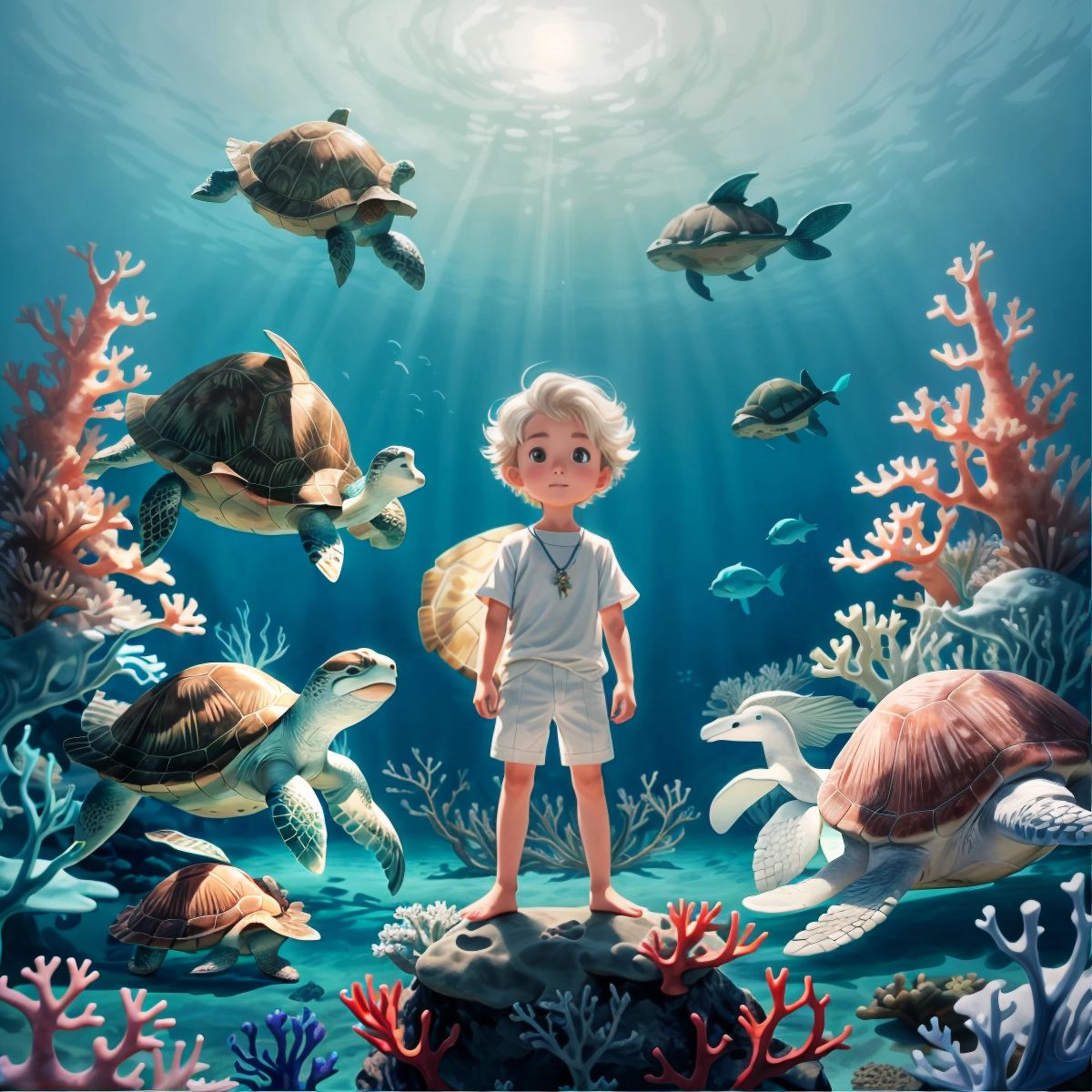 Finn, in awe, observing a group of unique sea creatures in the Coral Cove, with Tully not in the frame.