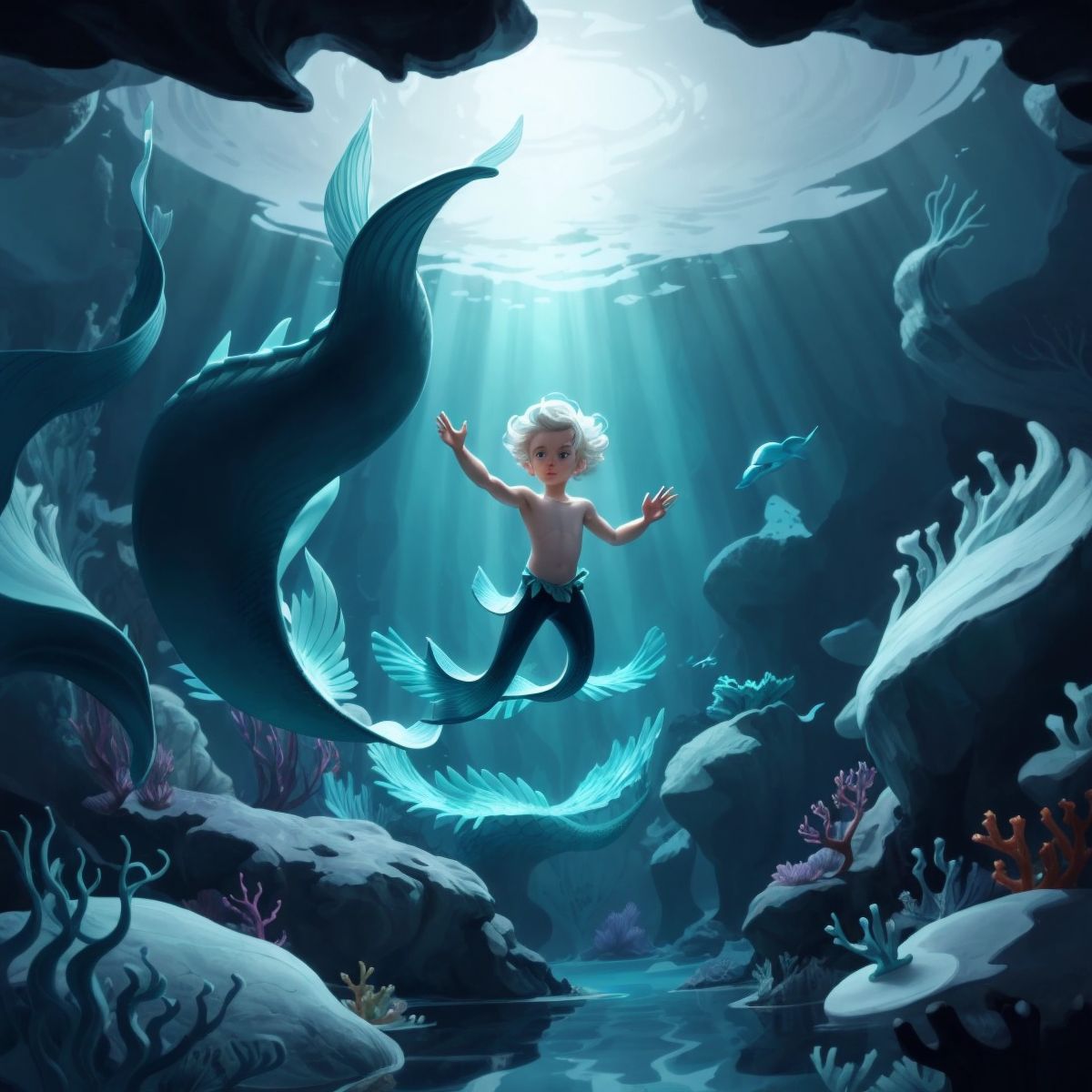 Finn swimming through dark, twisting caverns, with the silhouettes of various sea creatures in the background.
