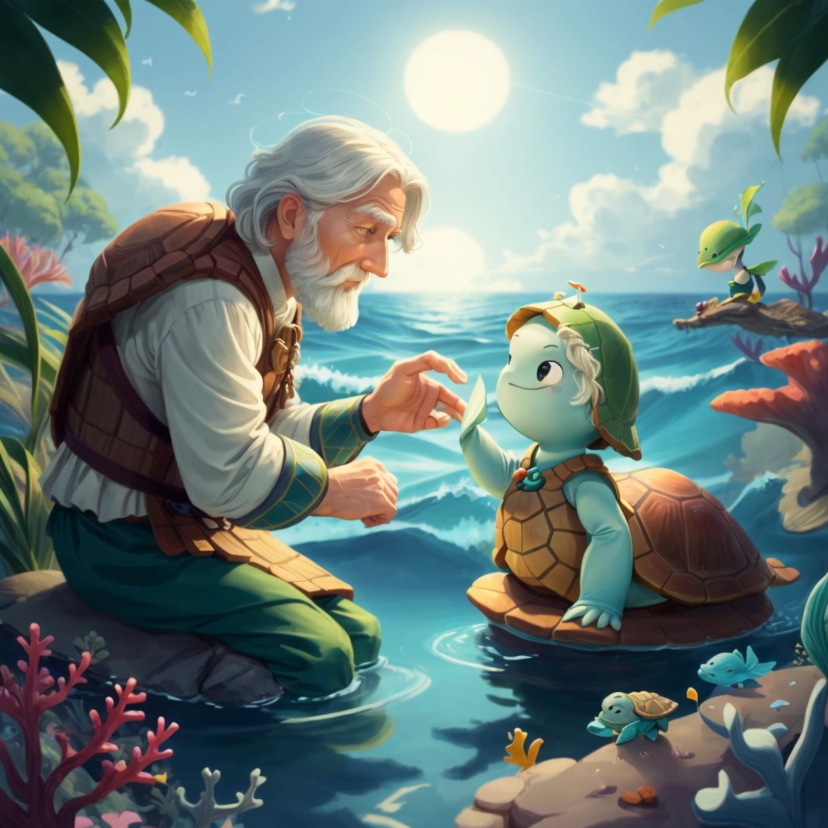 Tully, the old wise turtle, with a kind twinkle in his eye, meeting Finn in the ocean.