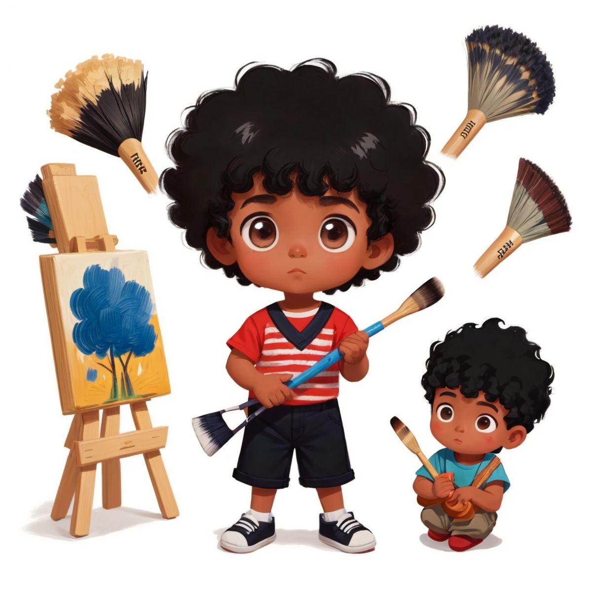 Baby Joe holding a medium-sized paintbrush with focus, surrounded by various sizes of brushes.