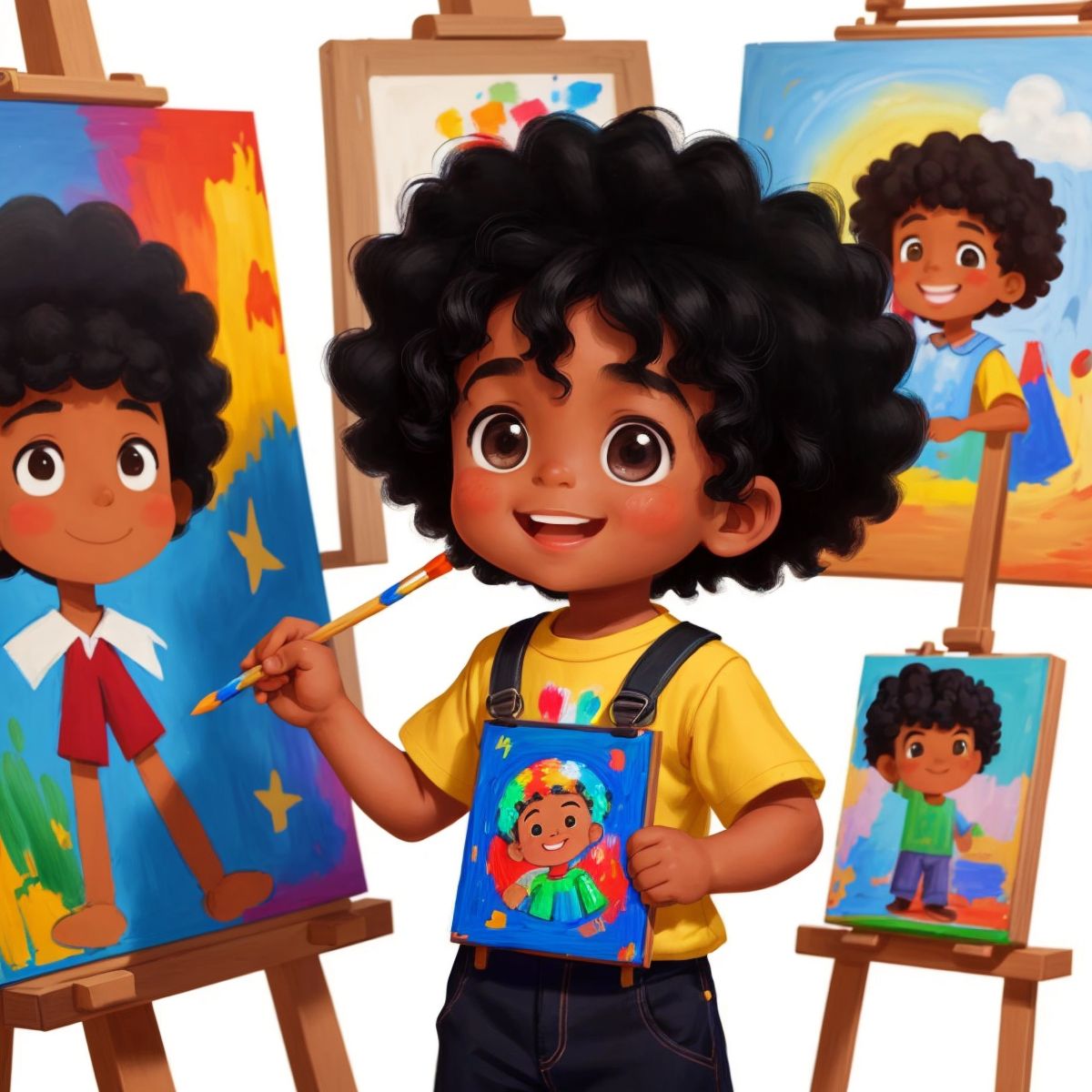 Baby Joe in front of an easel, painting with a joyful expression, surrounded by his artwork.