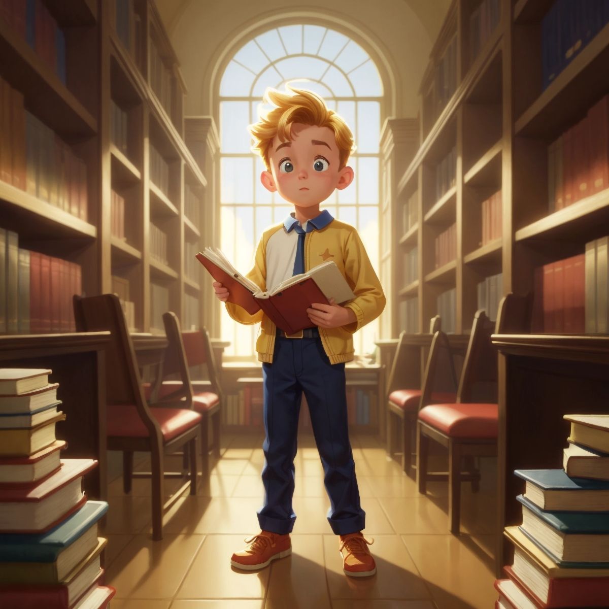 Tommy standing in the library with awe on his face, golden book glowing in his hands.