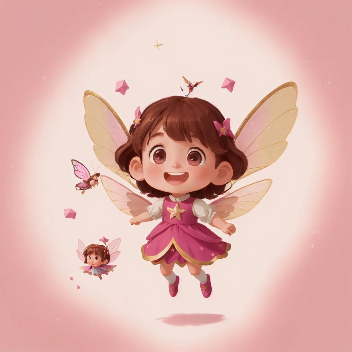 Lilly, the fairy, hovering with a playful smile, casting a small spell that sparkles around her.