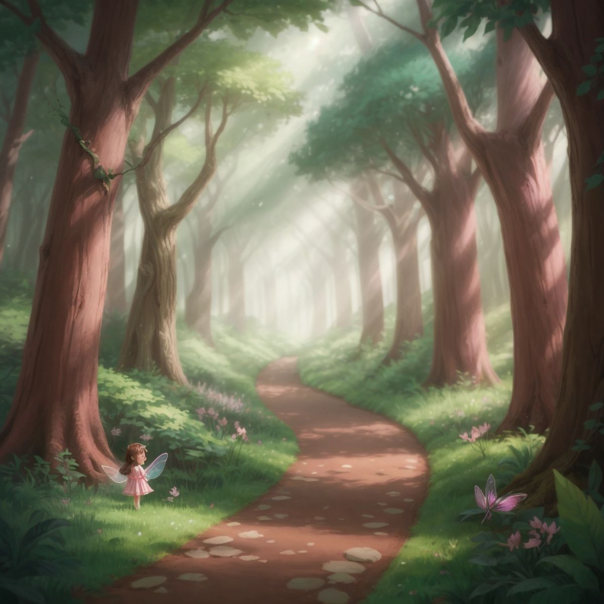 An empty, mystical forest path that suggests an unseen presence, hinting at Tommy and Lilly's adventures.