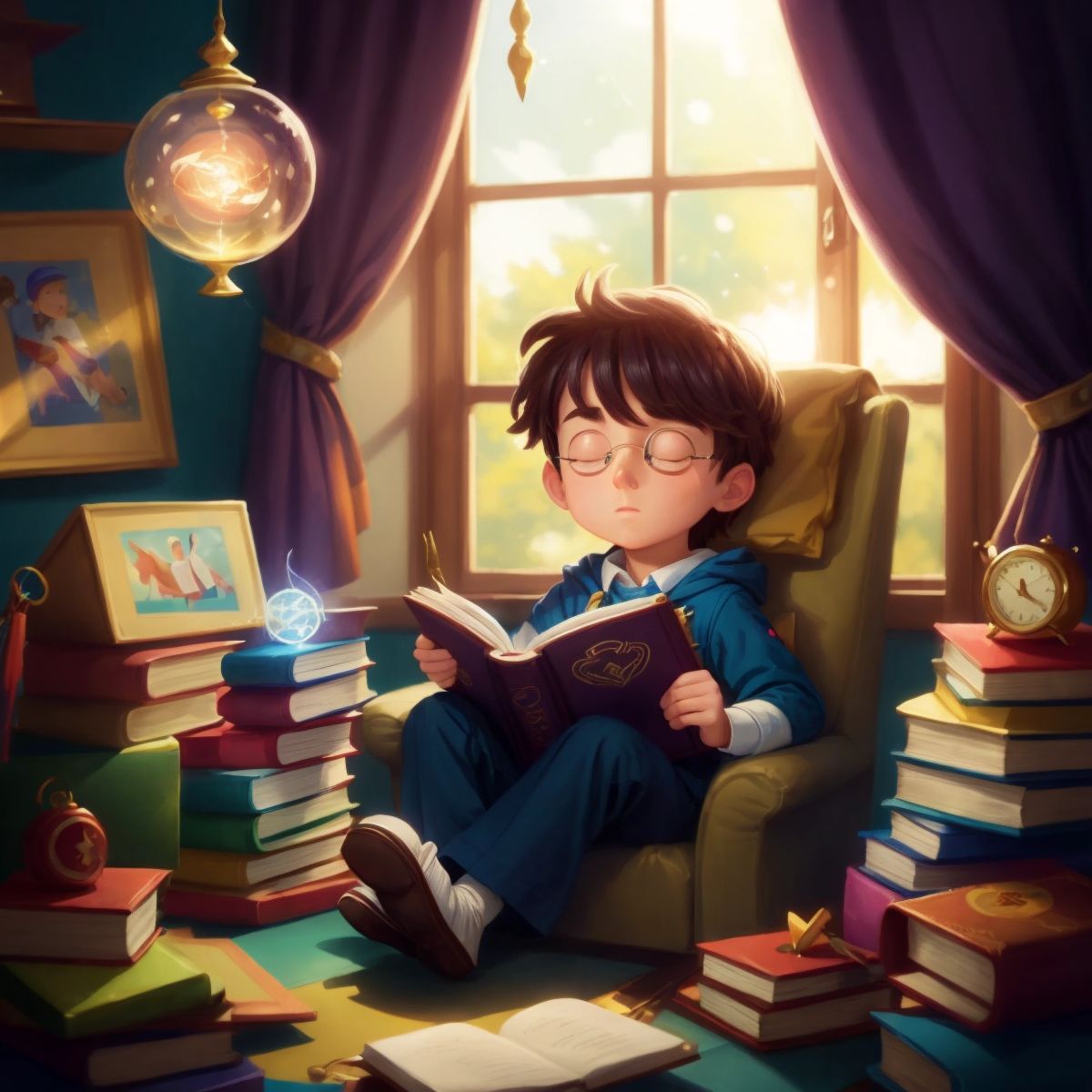 Tommy sitting with the magical book open, eyes wide with wonder as colorful words float around him.