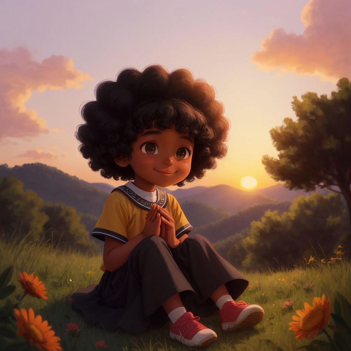 Zariah sitting on a hill during sunset, surrounded by nature, with a warm, grateful smile as she prays.