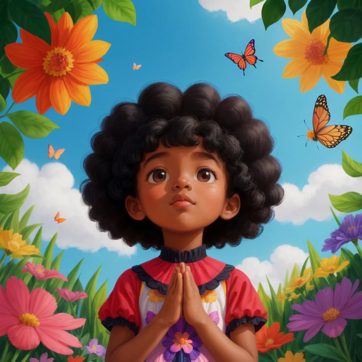 Zariah in a vibrant garden full of flowers and butterflies, hands raised in prayer, looking up to the sky with a look of wonder.