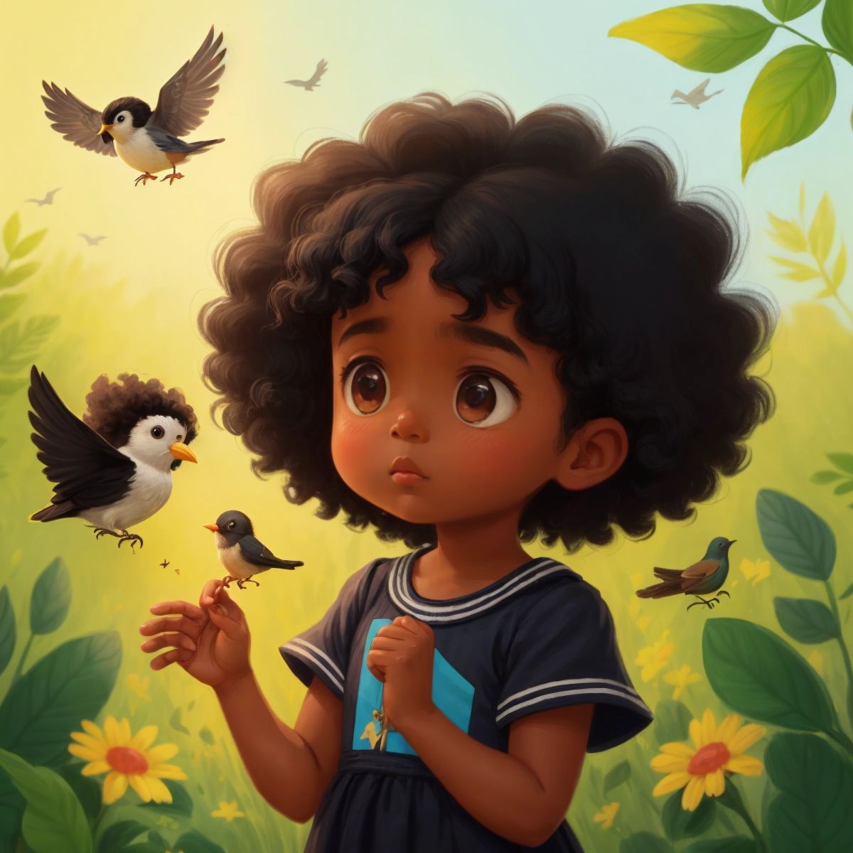 Zariah extending her hand out to a small bird with a broken wing, her face showing concern and compassion as she prays.